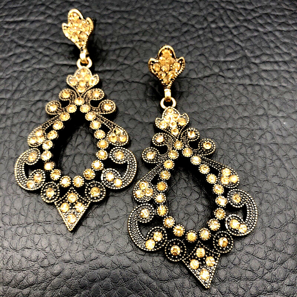Vintage Rhinestone Earrings Faux Citrine Antiqued Gold Tone Mughal Chandelier‎